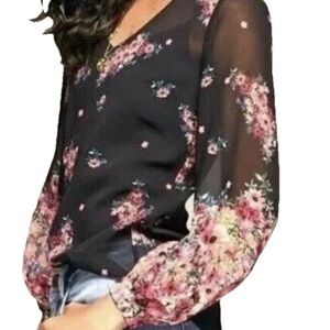 Cabi Blooming Sheer Chiffon Peasant Blouse Sz M Black Floral Fairy Whimsy Goth